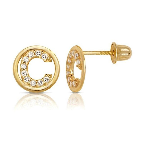 14K Solid Yellow Gold 8mm Letter Initial Halo CZ Stud Alphabet Earrings - Picture 4 of 15